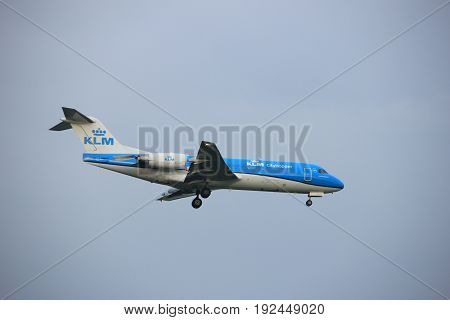 Amsterdam the Netherlands - June 22nd 2017:PH-KZL KLM Cityhopper Fokker F70 approaching Polderbaan runway at Schiphol Amsterdam Airport the Netherlands