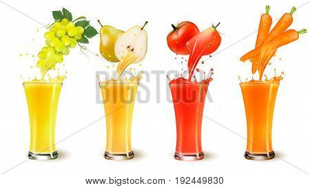 Set of fruit juice splash in a glass. Grapes pear tomato and carot. Vector