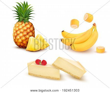 Set of different fruit and desert. Pineapple banana and cheesecake. Vector.