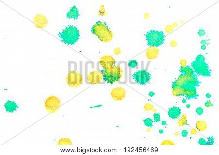 Abstract two-color yellow green ink splash. Ink blots. Elements of design. The water-soluble ink on white paper Leste. Abstractionism