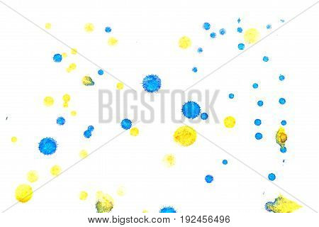 Abstract two-color yellow blue ink splash. Ink blots. Elements of design. The water-soluble ink on white paper Leste. Abstractionism