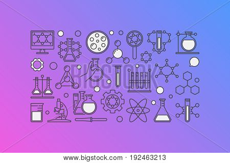 Chemistry colorful banner - vector illustration made with laboratory glass, test-tube and other chemical icons in thin line style