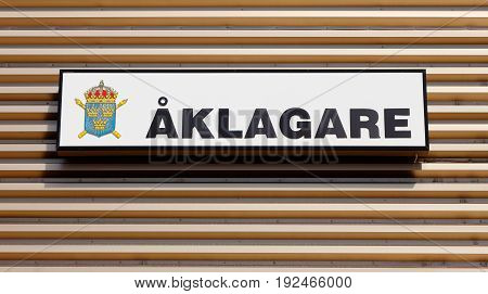 Lulea Sweden - July 19 2016: Close-Up of the prosecutor's (Aklagare) office sign.
