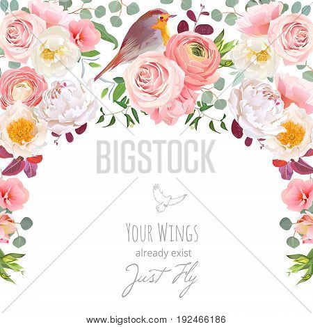 Semicircle garland frame with wild rose, peony, pink ranunculus, peachy carnation, green plants and small robin bird. Cute wedding floral vector design. All elements are isolated and editable.
