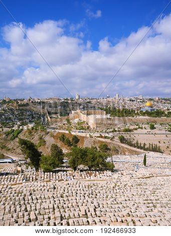  The ancient Jewish cemetery on the Mount of Olives. Ancient Jerusalem and the mosque 