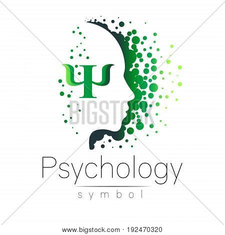 Modern head sign of Psychology. Profile Human. Letter Psi. Creative style. Symbol in vector. Design concept. Brand company. Green color isolated on white background. Icon for web