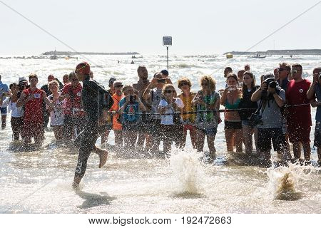 Pescara Italy - June 18 2017: Starting for the swimming test of athlete at Ironman 70.3 Pescara in June 18 2017