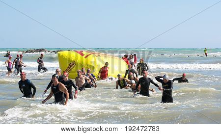 Pescara Italy - June 18 2017: Finishing line for the swimming test at Ironman 70.3 Pescara of June 18 2017
