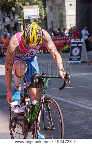 Pescara Italy - June 18 2017: Athlete starts the bicycle test at Pescara's Ironman 70.3