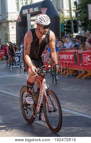 Pescara Italy - June 18 2017: Athlete starts the bicycle test at Pescara's Ironman 70.3
