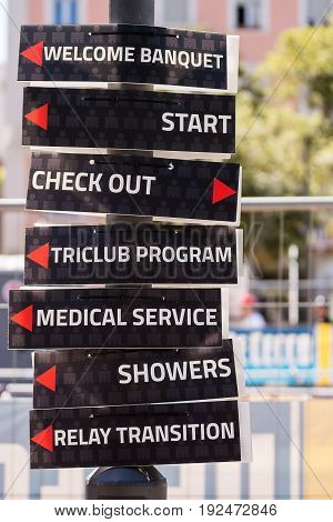 Pescara Italy - June 18 2017: Signboard at Pescara's Ironman 70.3