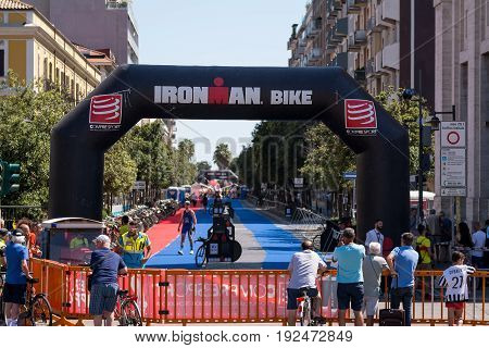 Pescara Italy - June 18 2017: Transition area at Pescara's Ironman 70.3