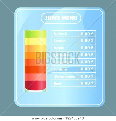 Design sample juice menu for cafes restaurants bars. A large glass with juices and a plate with prices on a gradient abstract background vector illustration.