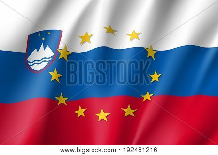 Slovenia national flag with a circle of European Union twelve gold stars, identity and unity with EU, member since 1 May 2004. Realistic vector style illustration