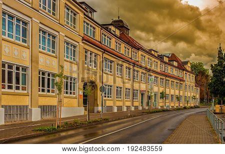 a big building on a colorful autumn afternoon