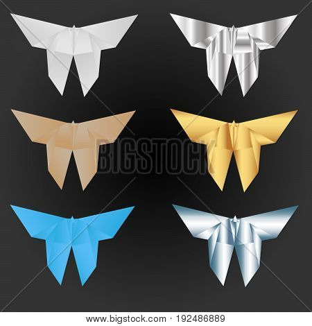 A set with six origami butterflies in different paper styles