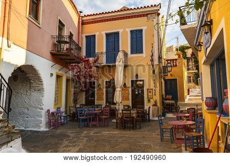 IOULIDA, GREECE - MAY 26, 2017: Coffee shop in Ioulida village on Kea island in Greece on May 26, 2017.