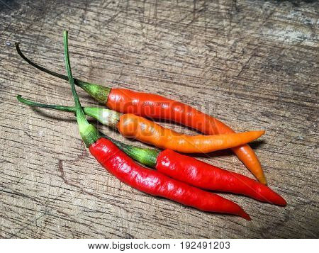 red and orange chillis on old wood backgroundhot chilli