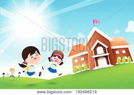 Back to School concept Student kids jumping and running with happiness and cheerful with Nature Blue sky sunburst copy space and greenfield Background vector illustration