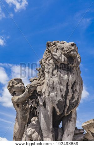 Sculpture Lion Conduit Par Un Enfant At Pont Alexandre Iii In Paris