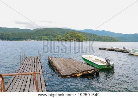 Beautiful mountains and Nojiri Lake in summer the town of Shinano Kamiminochi District Nagano Prefecture Japan.