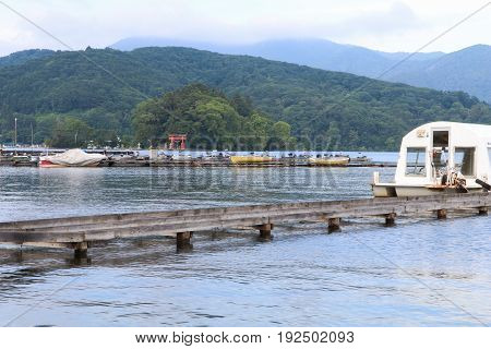 Beautiful mountains and Nojiri Lake in summer the town of Shinano Kamiminochi District Nagano Prefecture Japan.