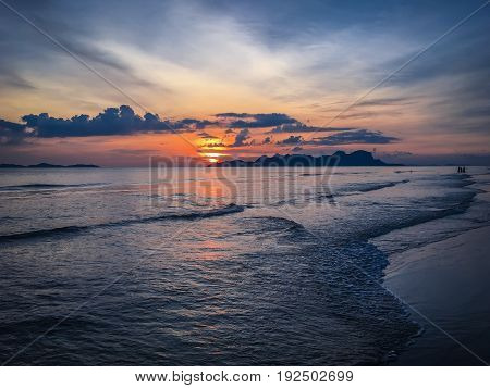 sunset of sea in twilight,reflection of sun on wave