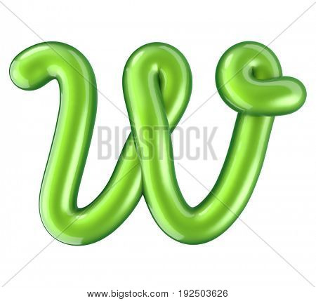 Glossy green letter W uppercase. 3D rendering font with glint isolated on white background.