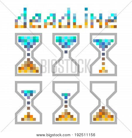 Hourglass time management business colours icons set. Deadline animated pixel style sandclock vector eps10 illustration.