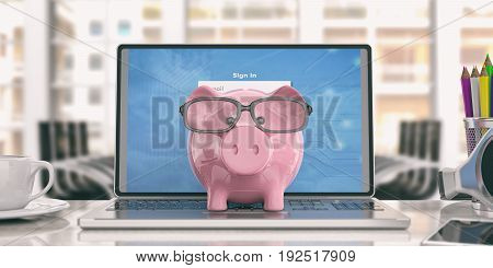 Piggy Bank On A Laptop In An Office. 3D Illustration