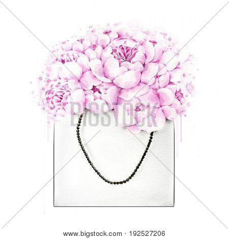 Watercolor illustration of hand painted peonies in paper bag