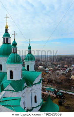 Beautiful Spaso-Preobrazhenska church with green domes in Kozelets town