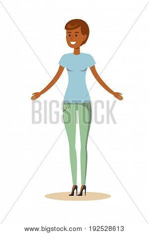 Happy young black woman isolated over white background. Stock vector illustration for poster, greeting card, website, ad, business presentation, advertisement design.