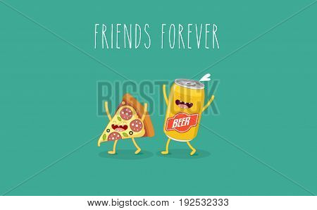 Funny fast food set. Vector illustration with beer pizza and sausage