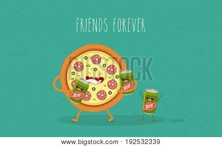 Funny fast food set. Vector illustration with beer pizza and sausage