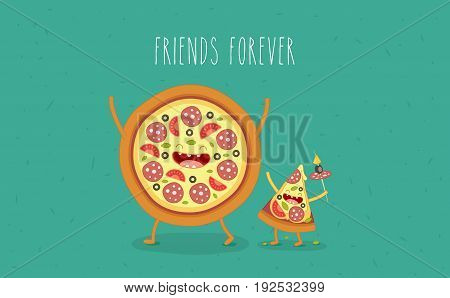 Funny fast food set. Vector illustration with beer pizza and sausage