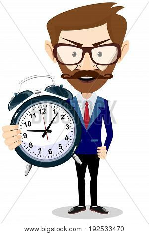 Man with an alarm clock, time management. Cartoon character illustration of adult businessman Isolated on white background. Stock vector illustration