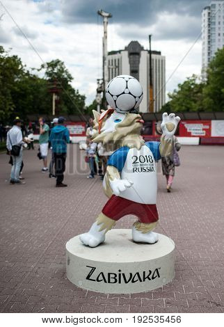 MOSCOW RUSSIA - June 24 2017 The official mascot of the 2018 FIFA World Cup and the FIFA Confederations Cup 2017 wolf Zabivaka on Sokolnicheskaya square in Moscow.