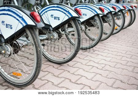 MOSCOW RUSSIA - June 24 2017 Parking Bicycle rental on Sokolnicheskaya square in Moscow.