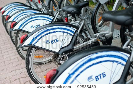 MOSCOW RUSSIA - June 24 2017 Parking Bicycle rental on Sokolnicheskaya square in Moscow.