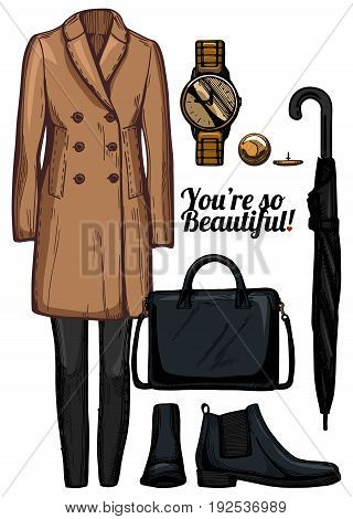 Vector illustration of women fashion clothes look set. English double breasted camel coat skinny jeans golden watch black chelsea boots structured bag classic umbrella.
