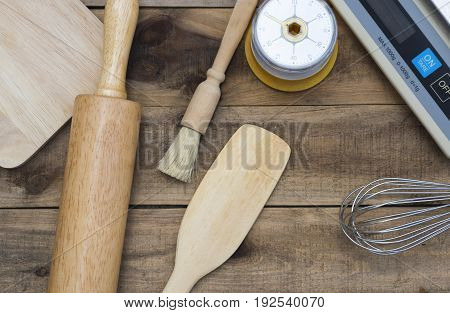 Bakery And Cooking Tools With Kitchen Timer, Scales On Wood Table
