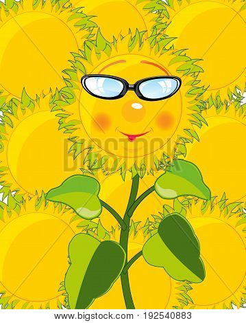 Cartoon of the sunflower bespectacled on background other sunflower