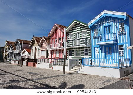 Striped Colored Houses, Costa Nova, Beira Litoral, Portugal, Europe