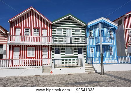 Striped Colored Houses, Costa Nova, Beira Litoral, Portugal, Europe
