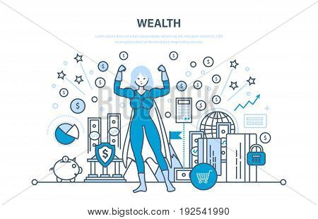 Wealth, financial investments, marketing, security of deposits, guarantee of secure financial savings and money turnover. Illustration thin line design of vector doodles, infographics elements.