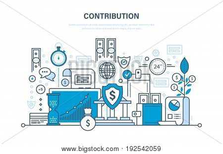 Contribution, investment, deposits, security payments and storage of finance, marketing, analysis, savings. Illustration thin line design of vector doodles, infographics elements.