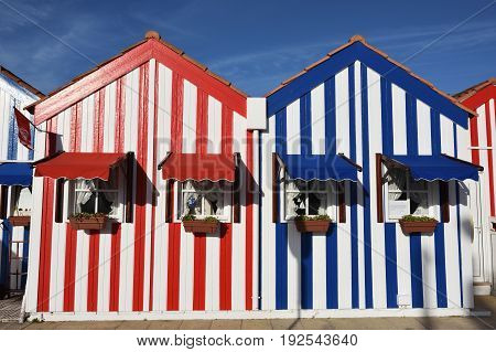 Striped Colored Houses, Costa Nova, Beira Litoral, Portugal, Europe