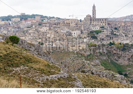 The ancient town of Sassi di Matera grew up on a of the ravine created by the river Gravina di Matera - Basilicata Italy