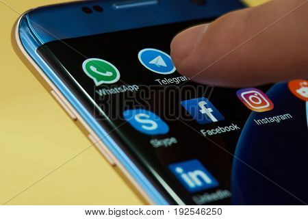 New york, USA - June 24, 2017: Start telegram application icon on smartphone screen close-up. Start telegram app icon with copy space on screen